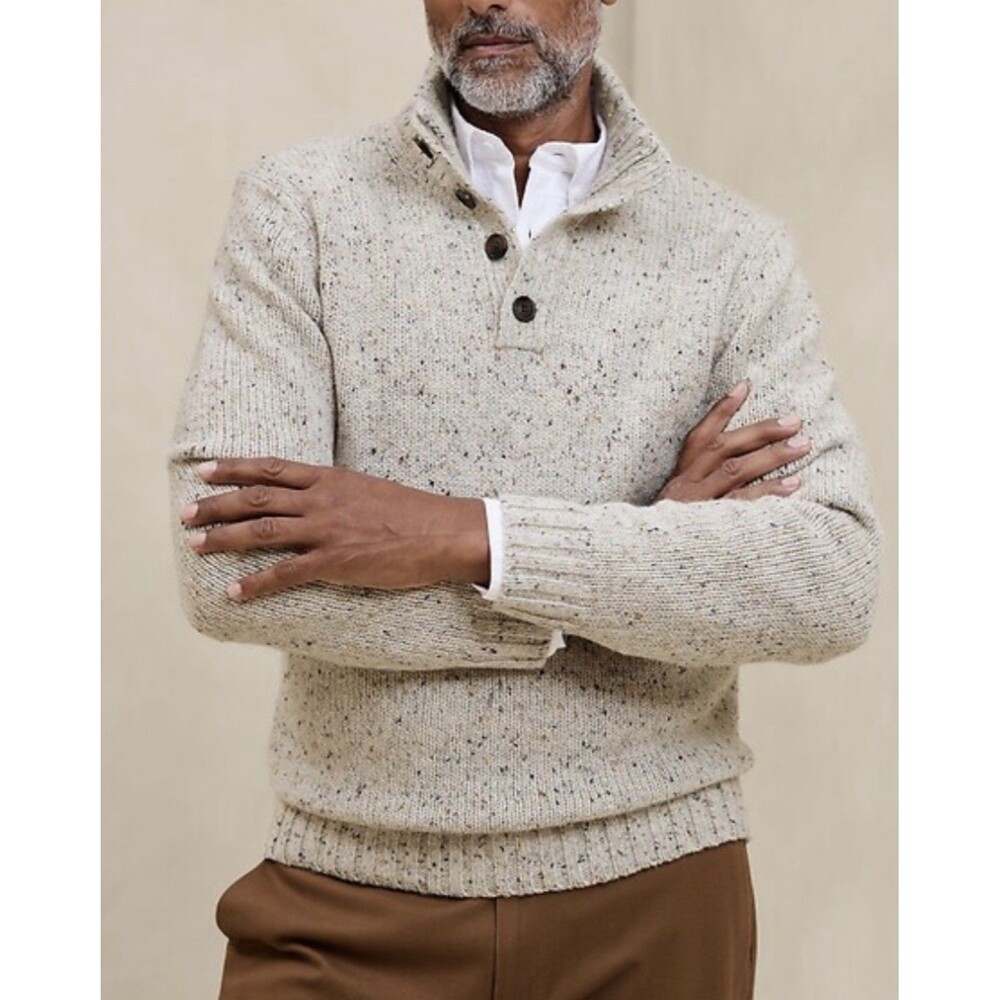 Banana Republic Sweater Mens Medium Oatmeal Wool Silk Blend 1/4 Button Mock Neck